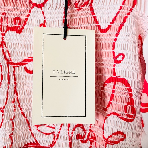 NWT La Ligne MEDIUM Lola Shirred Printed 100% silk pink midi dress - Picture 8 of 13